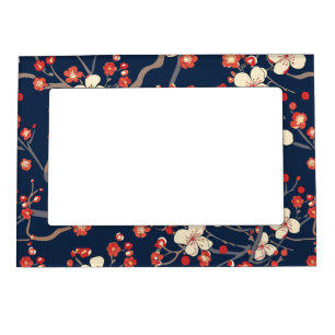 Navy Red Cherry Blossom Japanese Floral Magnetic Frame