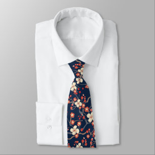 Navy Red Cherry Blossom Japanese Floral Neck Tie