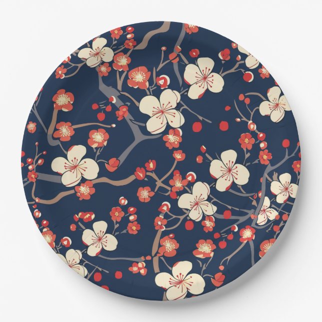 Navy Red Cherry Blossom Japanese Floral Paper Plates (Front)