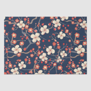 Navy Red Cherry Blossom Japanese Floral Tissue Paper