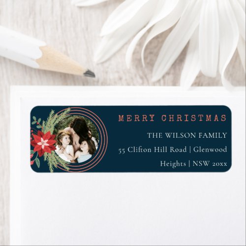 Navy Red Christmas Circle Photo Poinsettia Address Label