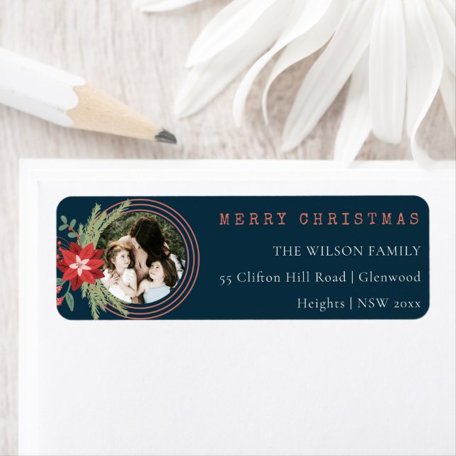 Navy Red Christmas Circle Photo Poinsettia Address Label (Insitu)