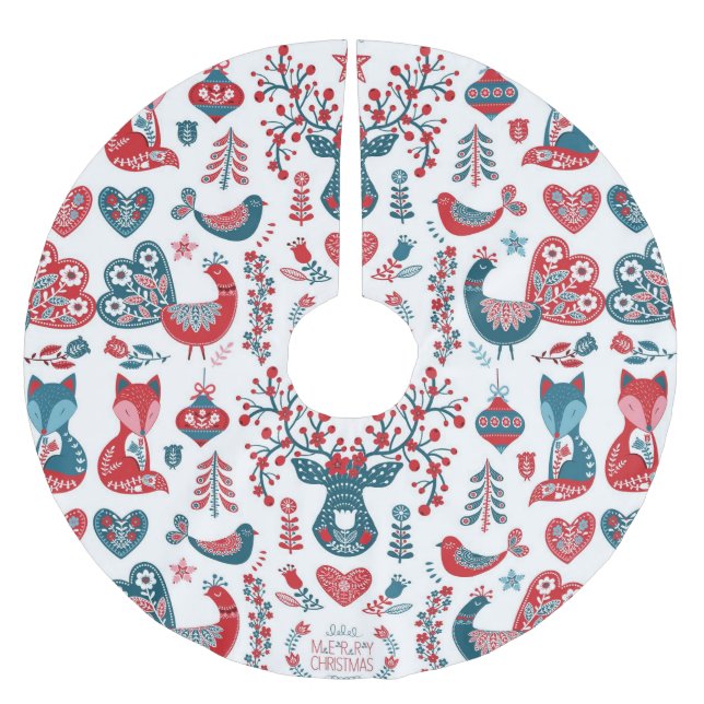 Navy & Red Christmas Scandinavian Folk Art Design Brushed Polyester Tree Skirt (Front)