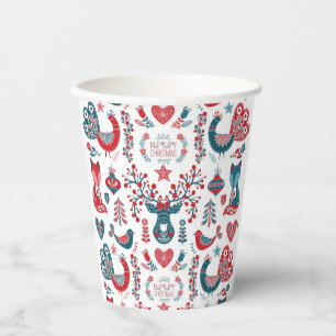 Navy & Red Christmas Scandinavian Folk Art Design Paper Cups