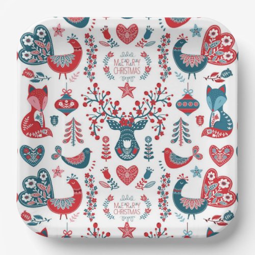 Navy  Red Christmas Scandinavian Folk Art Design Paper Plates