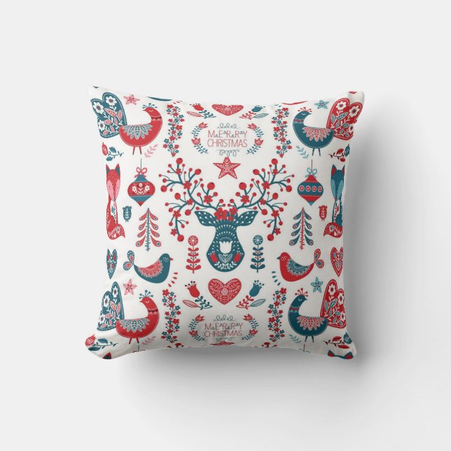 Navy & Red Christmas Scandinavian Folk Art Design Throw Pillow (Front)