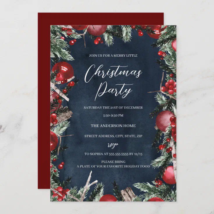 Navy Red Christmas Wreath Festive Floral Party Invitation | Zazzle