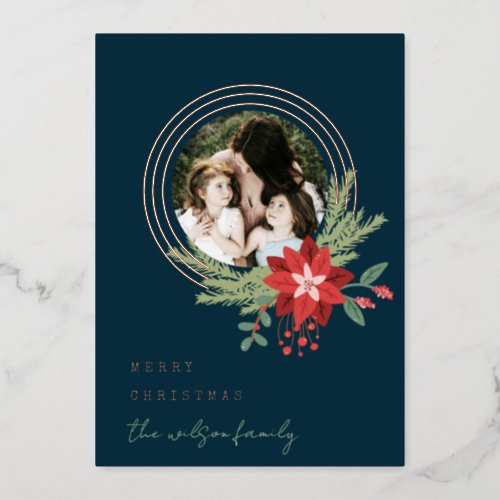 Navy Red Circle Photo Poinsettia Merry Christmas Foil Holiday Card