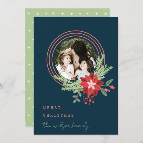 Navy Red Circle Photo Poinsettia Merry Christmas Holiday Card