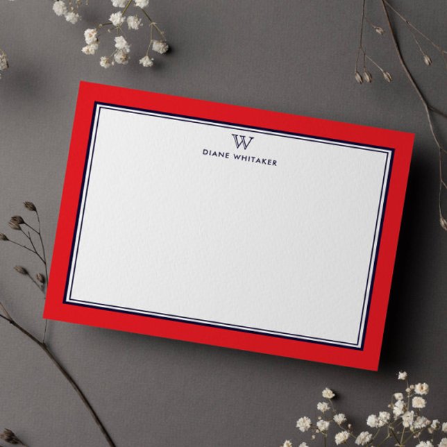 NAVY & RED Classic Monogram Double Frame Note Card (Creator Uploaded)