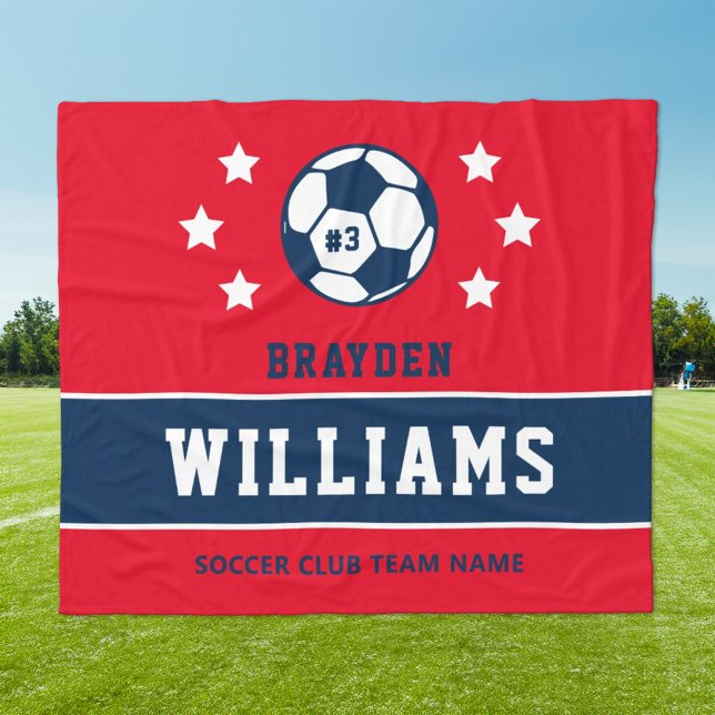 Navy Red Custom Soccer Name and Number Fleece Blanket (Creator Uploaded)
