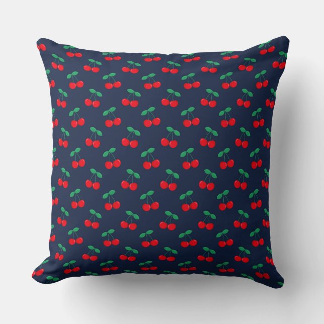 Navy & Red Cute Summer Red Cherries Throw Pillow (Front)