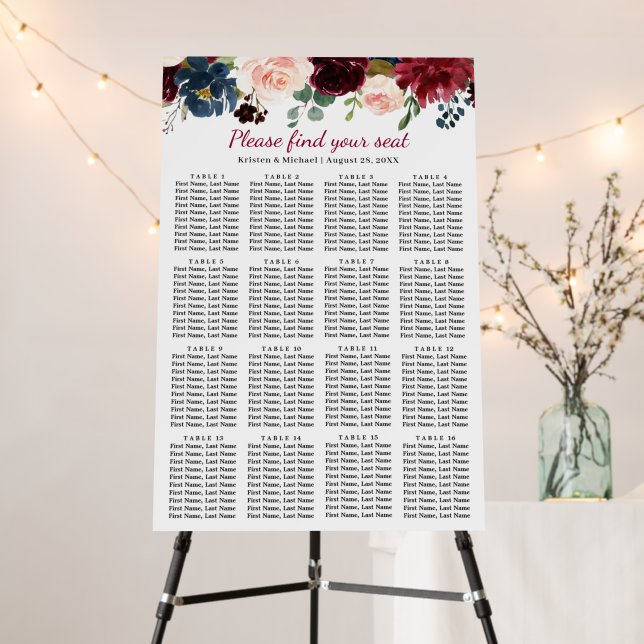 Navy Red Floral 16 Tables Wedding Seating Chart Foam Board (In Situ (Stand))