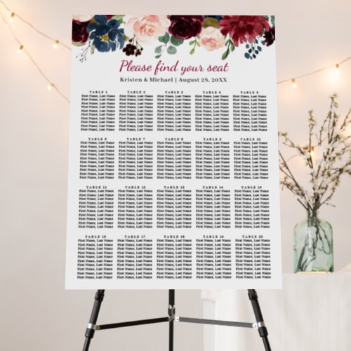 Navy Red Floral 20 Tables Wedding Seating Chart Foam Board