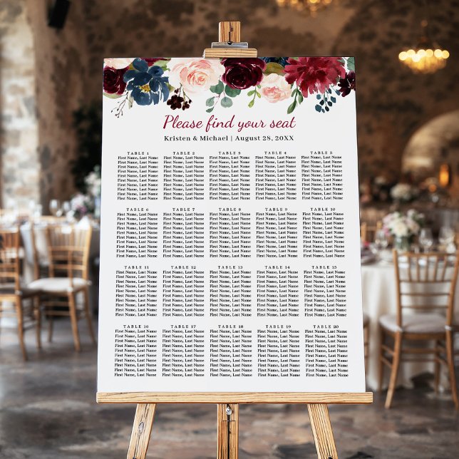 Navy Red Floral 20 Tables Wedding Seating Chart Foam Board (Creator Uploaded)