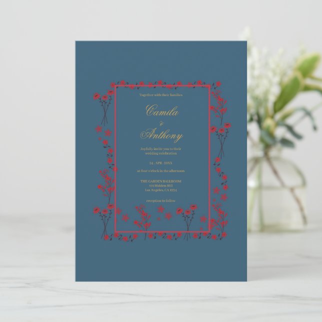 Navy Red Floral Border Wedding Invitation (Standing Front)