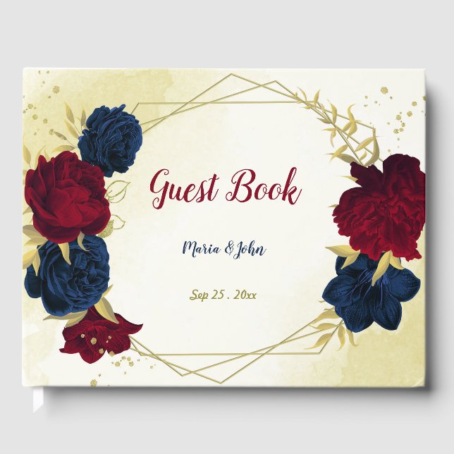 navy red floral gold guest book (Front)