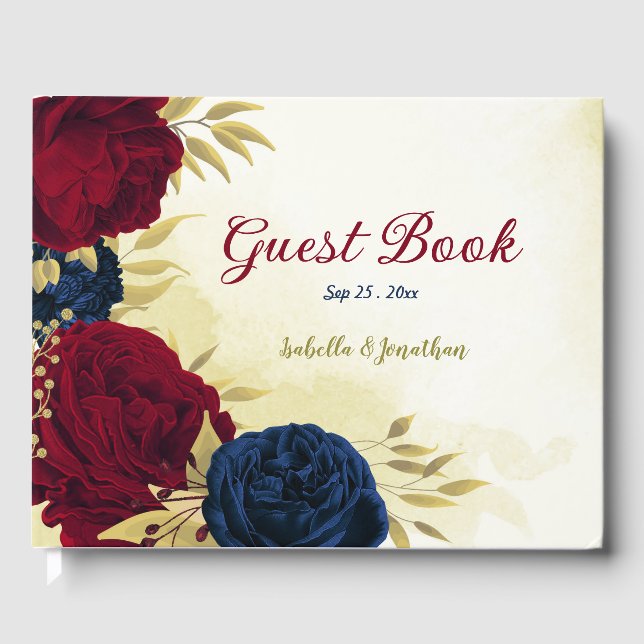 navy red floral gold guest book (Front)