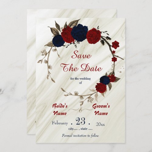 navy red flowers bronze leaves floral wreath save the date