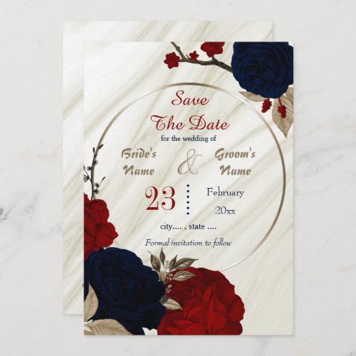 navy red flowers bronze leaves geometric  save the date