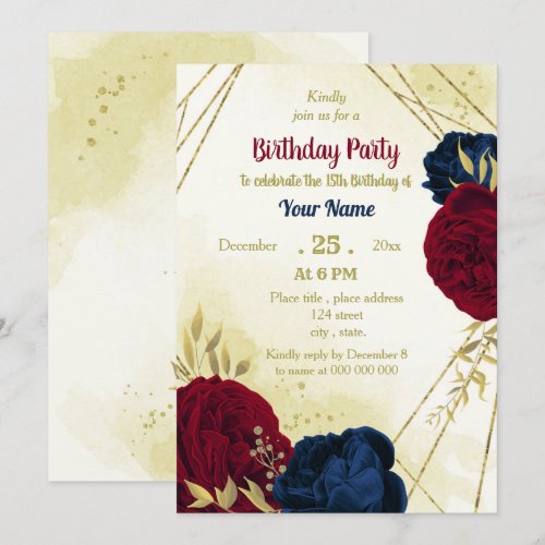 navy red flowers gold leaves birthday 