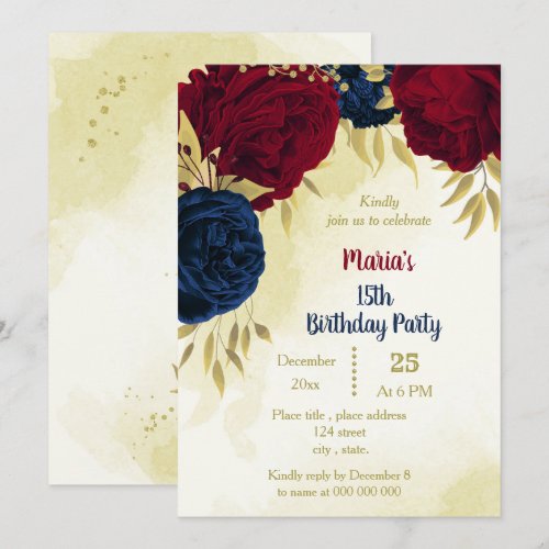 navy red flowers gold leaves birthday 