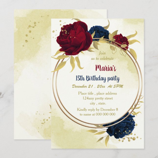 navy red flowers gold leaves birthday  invitation (Front/Back)