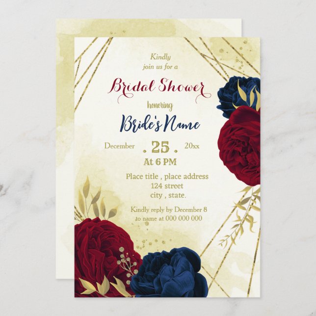 navy red flowers gold leaves bridal shower invitation (Front/Back)