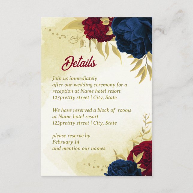 navy red flowers gold leaves enclosure card (Front)