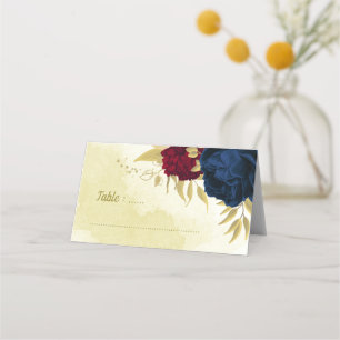 navy red flowers gold leaves place card