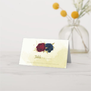 navy red flowers gold leaves place card
