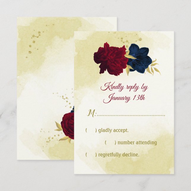 navy red flowers gold leaves RSVP card (Front/Back)