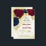 navy red flowers gold leaves save the date<br><div class="desc">Beautiful wedding save the date card featuring dark navy blue and red flowers and gold leaves .
 FOR MORE MATCHING PRODUCTS click on the collection above or contact me</div>