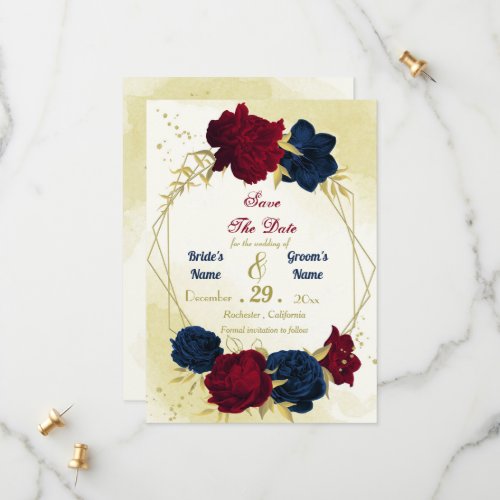 navy red flowers gold leaves save the date
