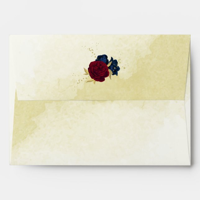 navy red flowers gold leaves wedding envelope (Back (Top Flap))