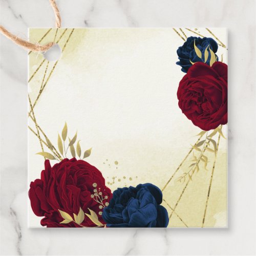 navy red flowers gold leaves wedding favor tags