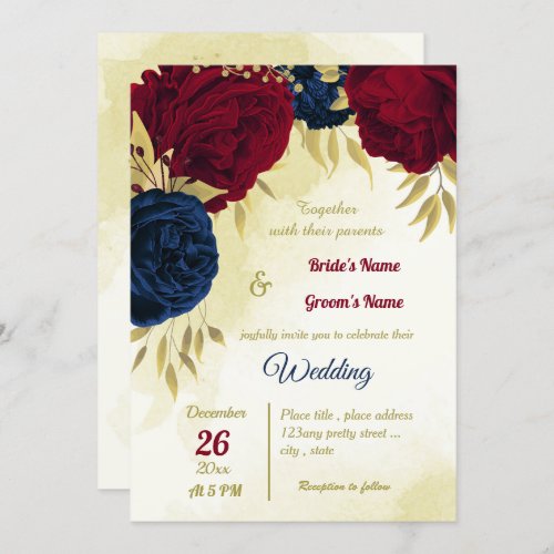 navy red flowers gold leaves wedding invitation