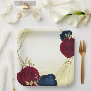navy red flowers gold leaves wedding paper plates