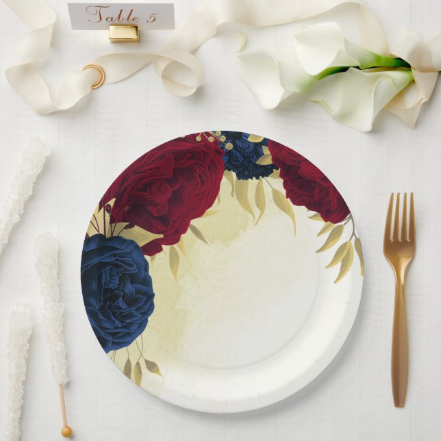navy red flowers gold leaves wedding paper plates (Wedding)