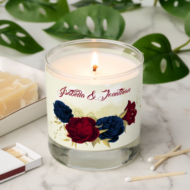 navy red flowers gold leaves wedding scented candle (Lit)
