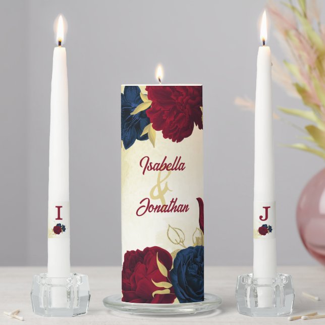 navy red flowers gold leaves wedding unity candle set (In Situ)