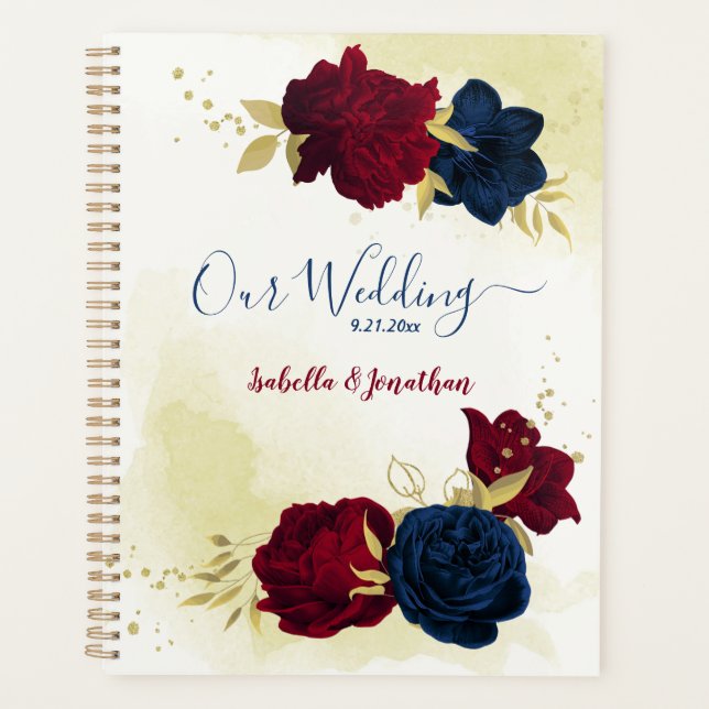 Navy & red flowers gold wedding planner (Front)