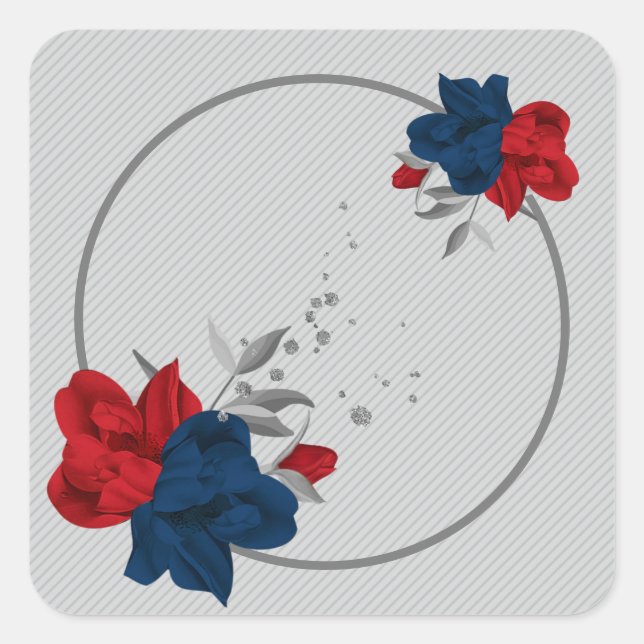 navy & red flowers gray leaves wreath square sticker (Front)