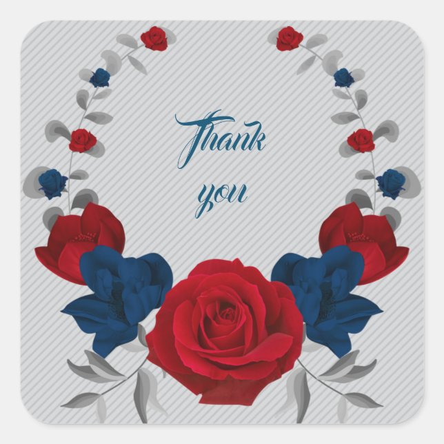 navy & red flowers gray leaves wreath thank you square sticker (Front)