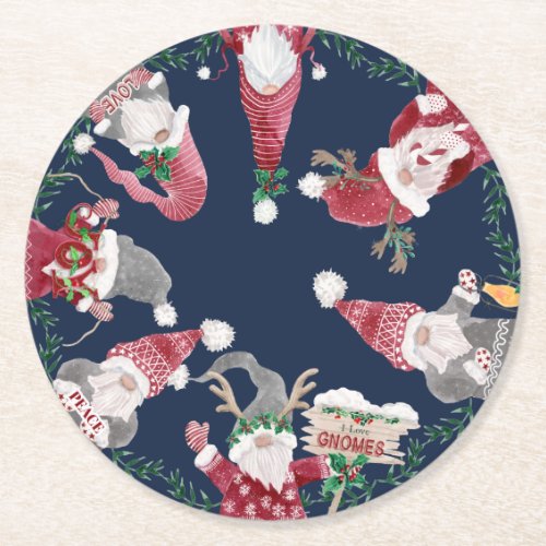 Navy Red Gnomes Christmas Watercolor Holly Foliage Round Paper Coaster