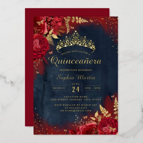 Navy Red Gold Butterfly Floral Quinceanera  Foil Invitation