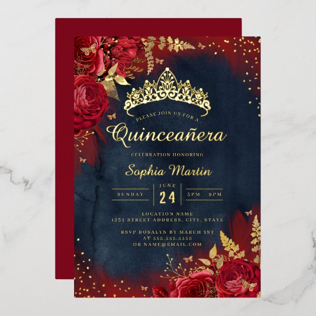 Navy Red Gold Butterfly Floral Quinceanera  Foil Invitation (Front/Back)