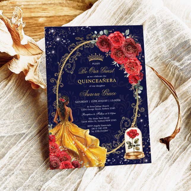 Navy Red Gold Enchanted Rose Quinceañera Party Invitation (Creator Uploaded)
