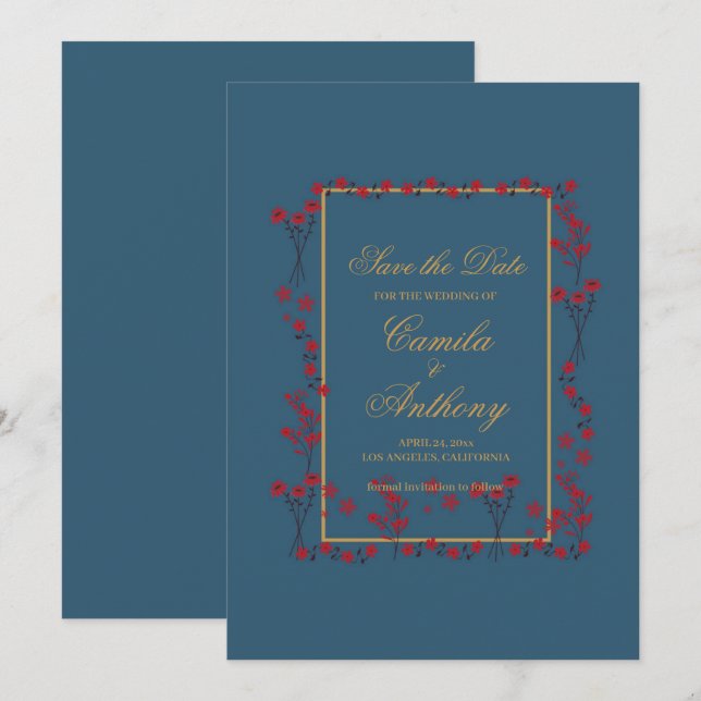 Navy Red Gold Floral Border Wedding Save The Date Invitation (Front/Back)