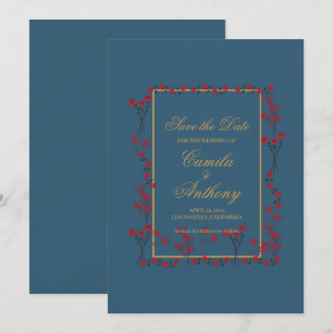 Navy Red Gold Floral Border Wedding Save The Date Invitation